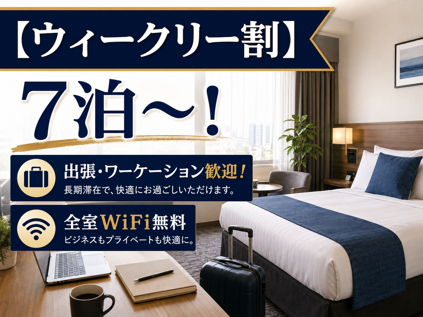 【ウィークリー割】7泊〜！出張・ワーケーション歓迎！全室WiFi無料